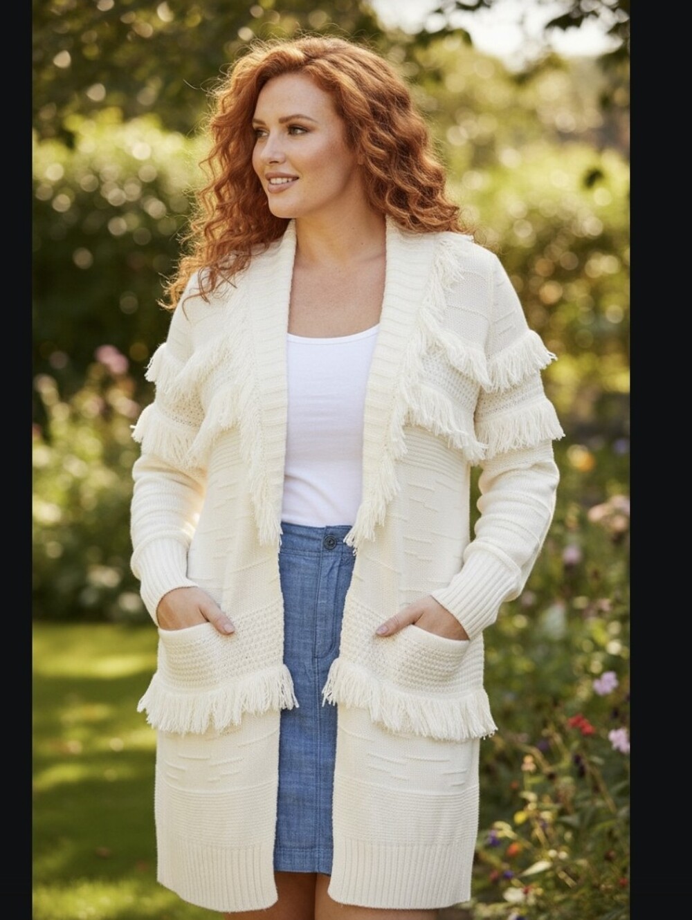AVENUE " Shaylee" Open-Front Fringe Long Cardigan Sweater - Cream